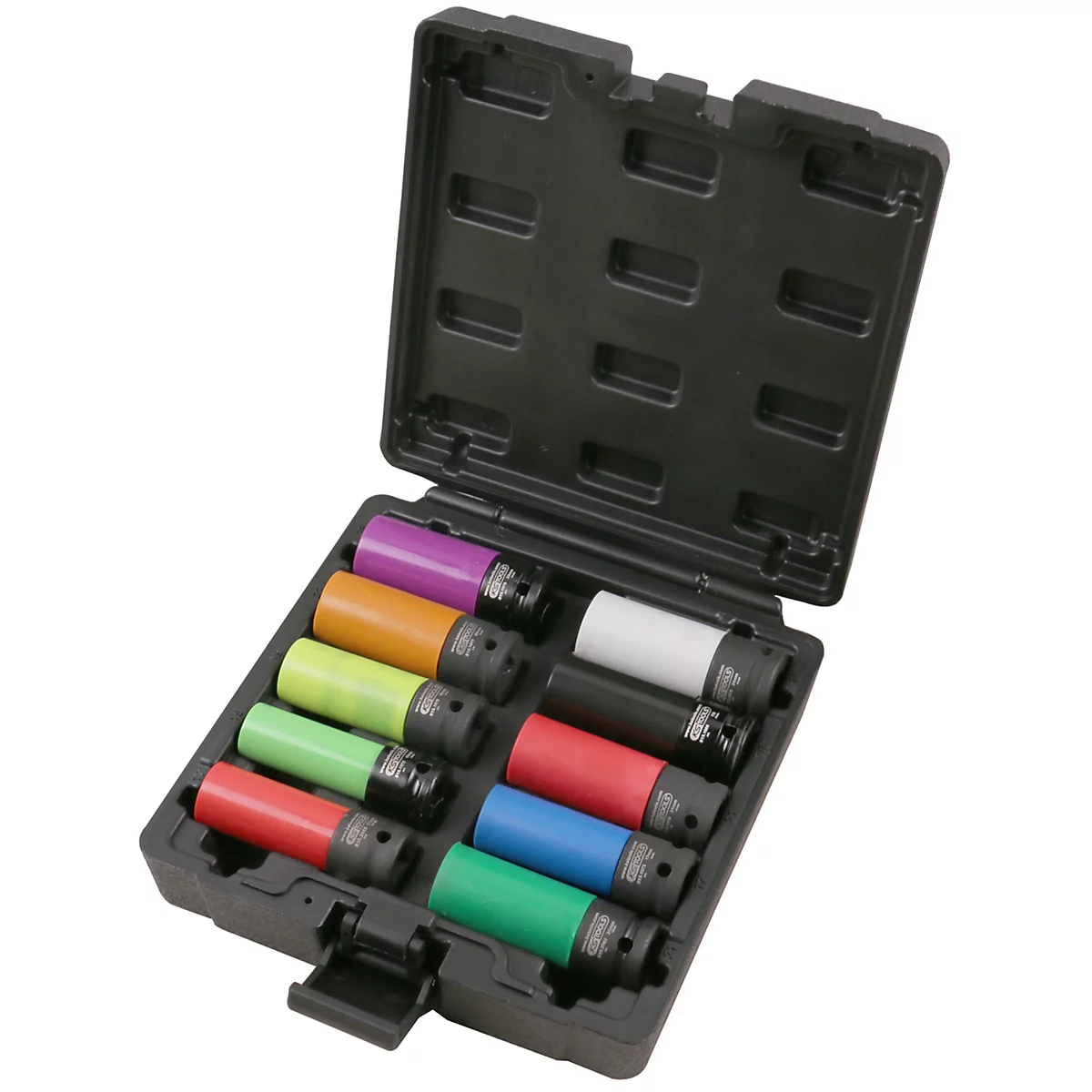 Mallette à outils avec accessoires colorés. L'étui est noir, contient 12 accessoires colorés en rouge, vert, bleu, violet, blanc et jaune.